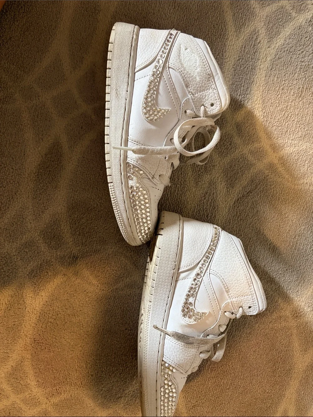 Nike Kids White Mid-Top Sneakers with Rhinestone Swoosh